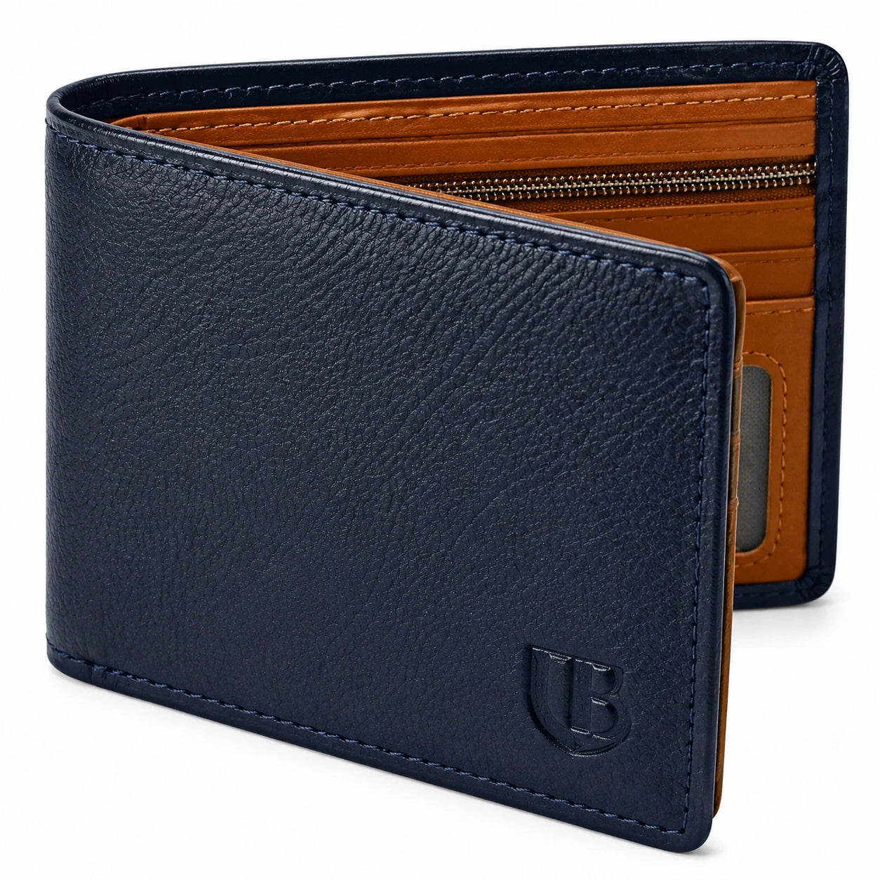 Geldbörse 12 x 9 x 2 cm aus Kunstleder Marineblau Cognac mit Kartenfächern und Reißverschlussfach