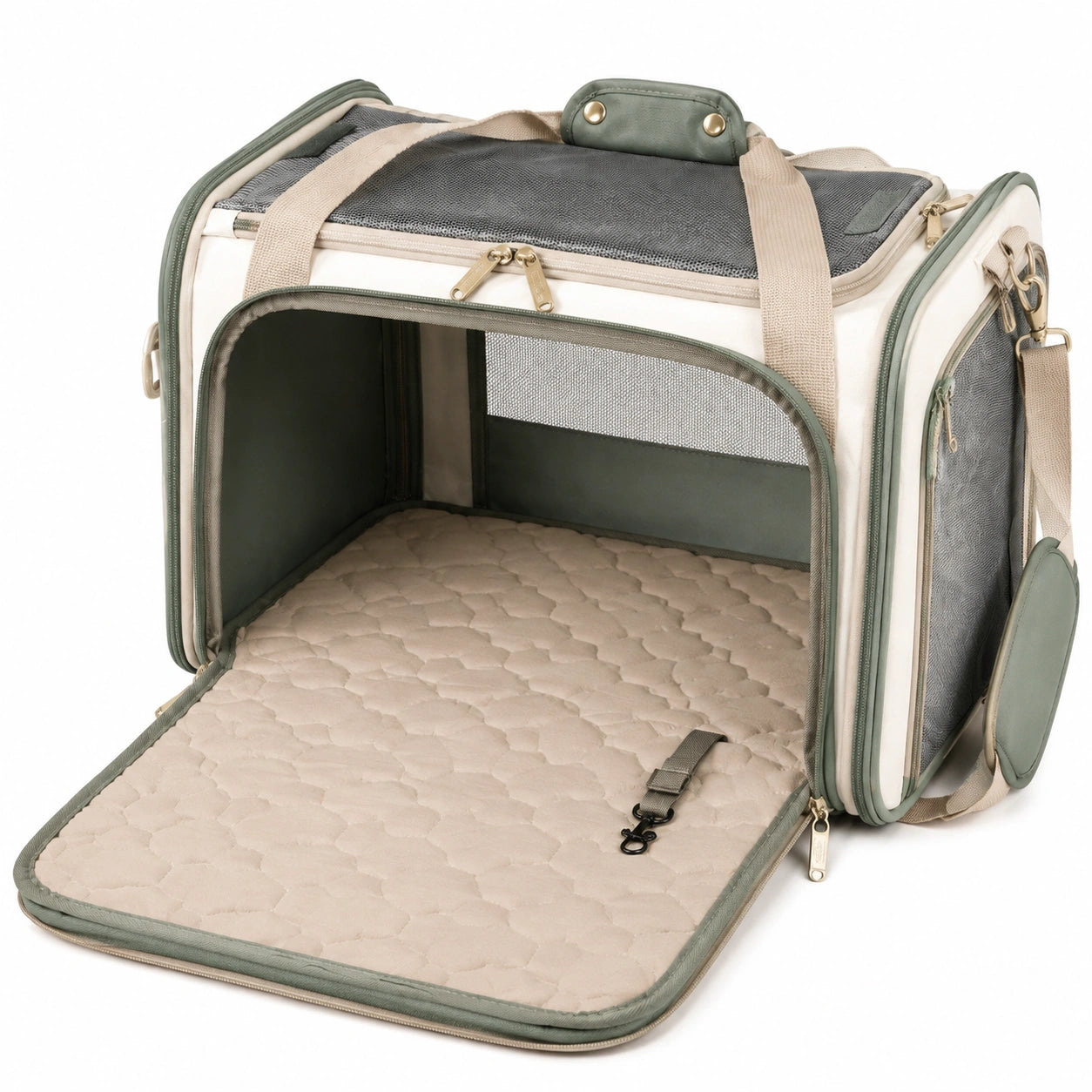 Haustier-Transporttasche 45 cm aus Textil Grün Beige für Hunde und Katzen faltbar