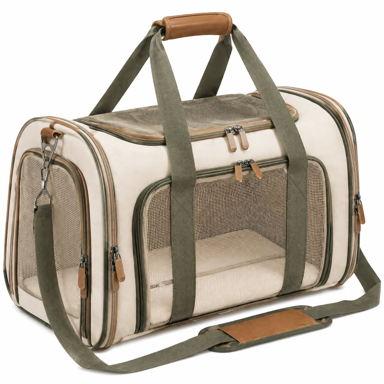 Tiertransporttasche 50 x 30 x 32 cm aus Textil Beige Grün mit Netzfenstern und Schultergurt