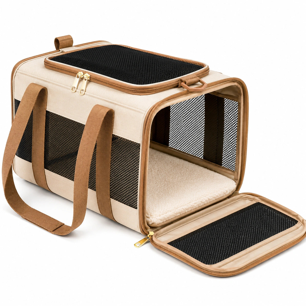 Haustier-Transporttasche 45 x 28 x 28 cm aus Textilgewebe Beige Braun Schwarz mit Netzfenstern