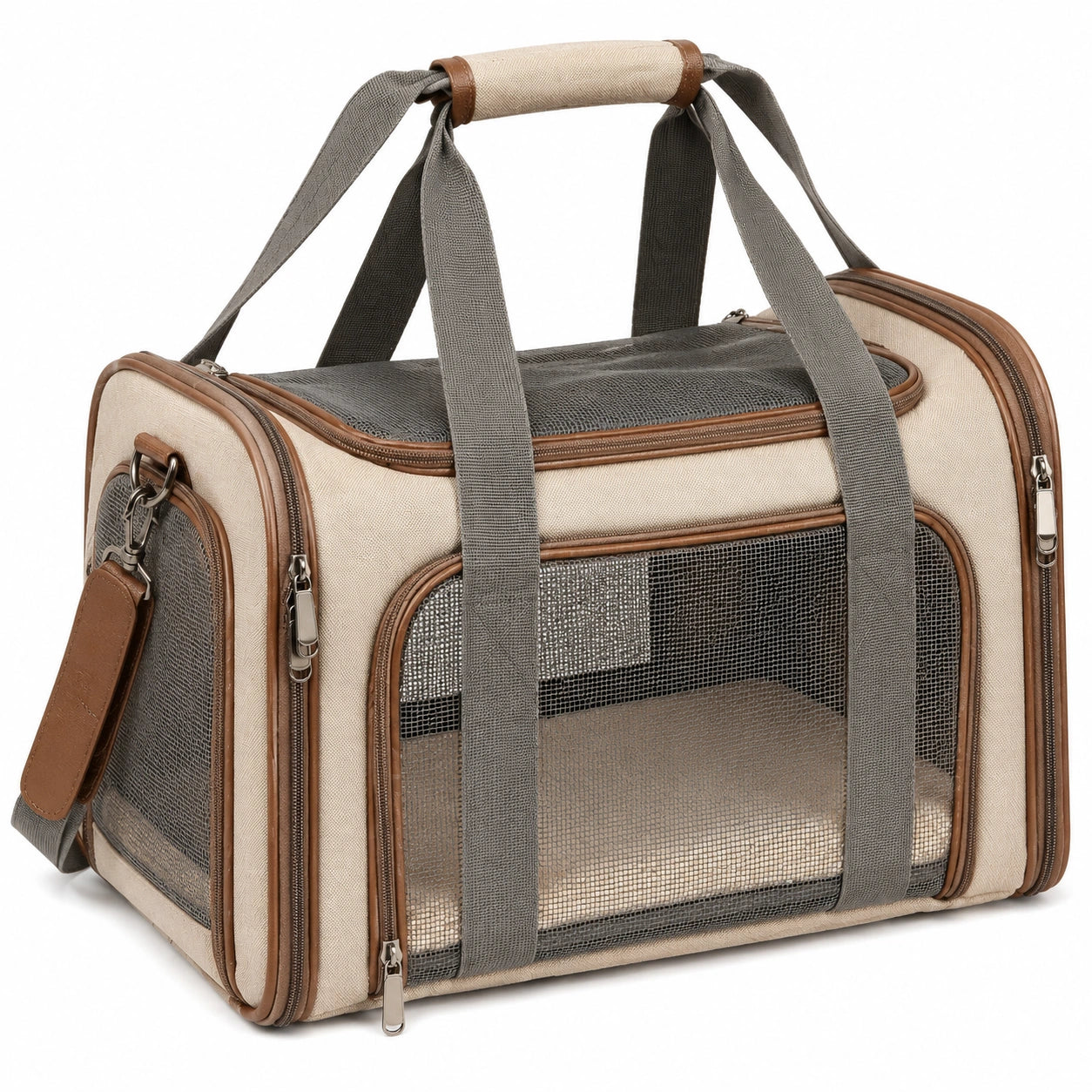 Haustiertragetasche 45 x 28 x 30 cm aus Textilgewebe in Beige Braun mit Netzfenstern und Schultergurt
