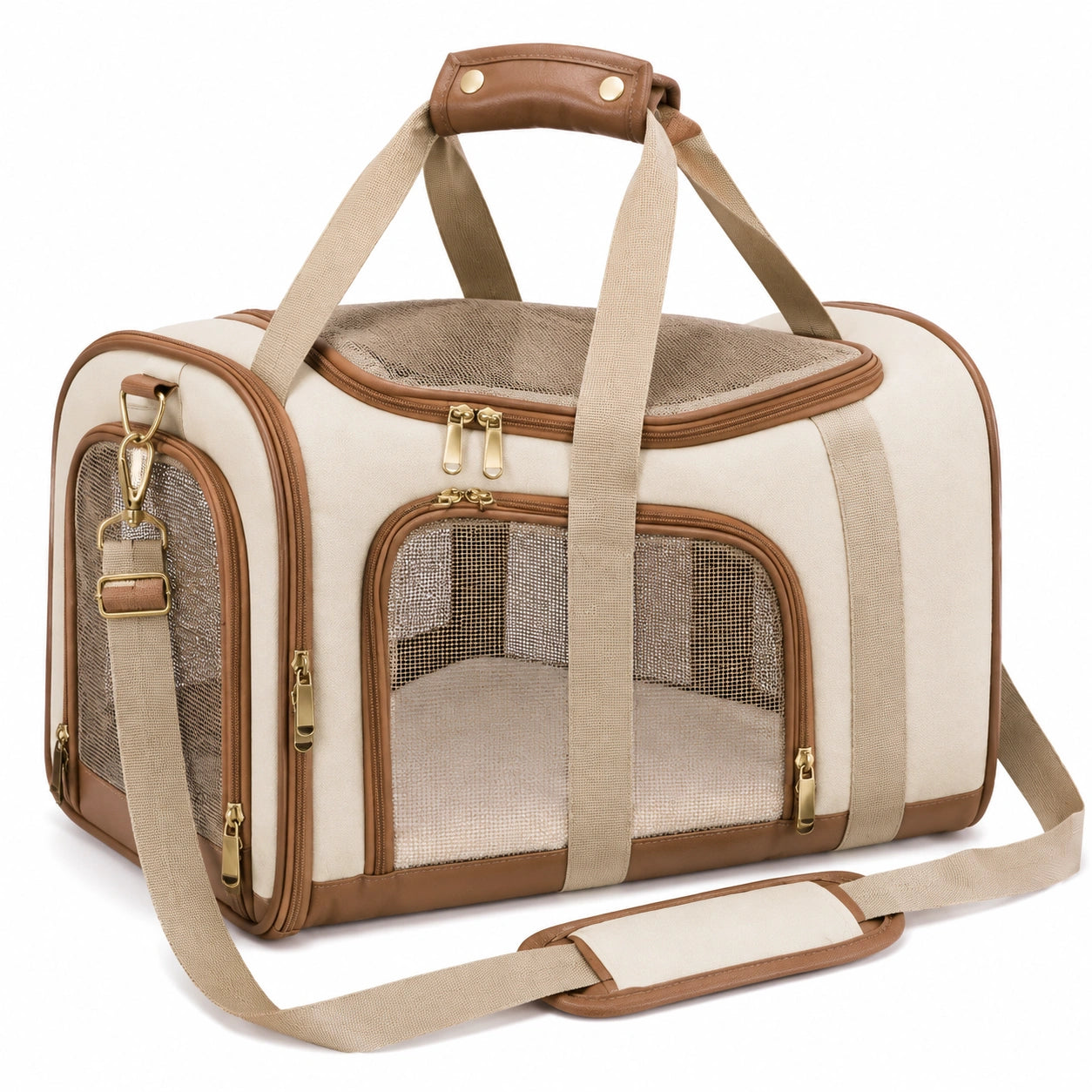 Haustiertransporttasche 45 x 28 x 30 cm Textil Beige Braun mit Netzfenstern und Schultergurt