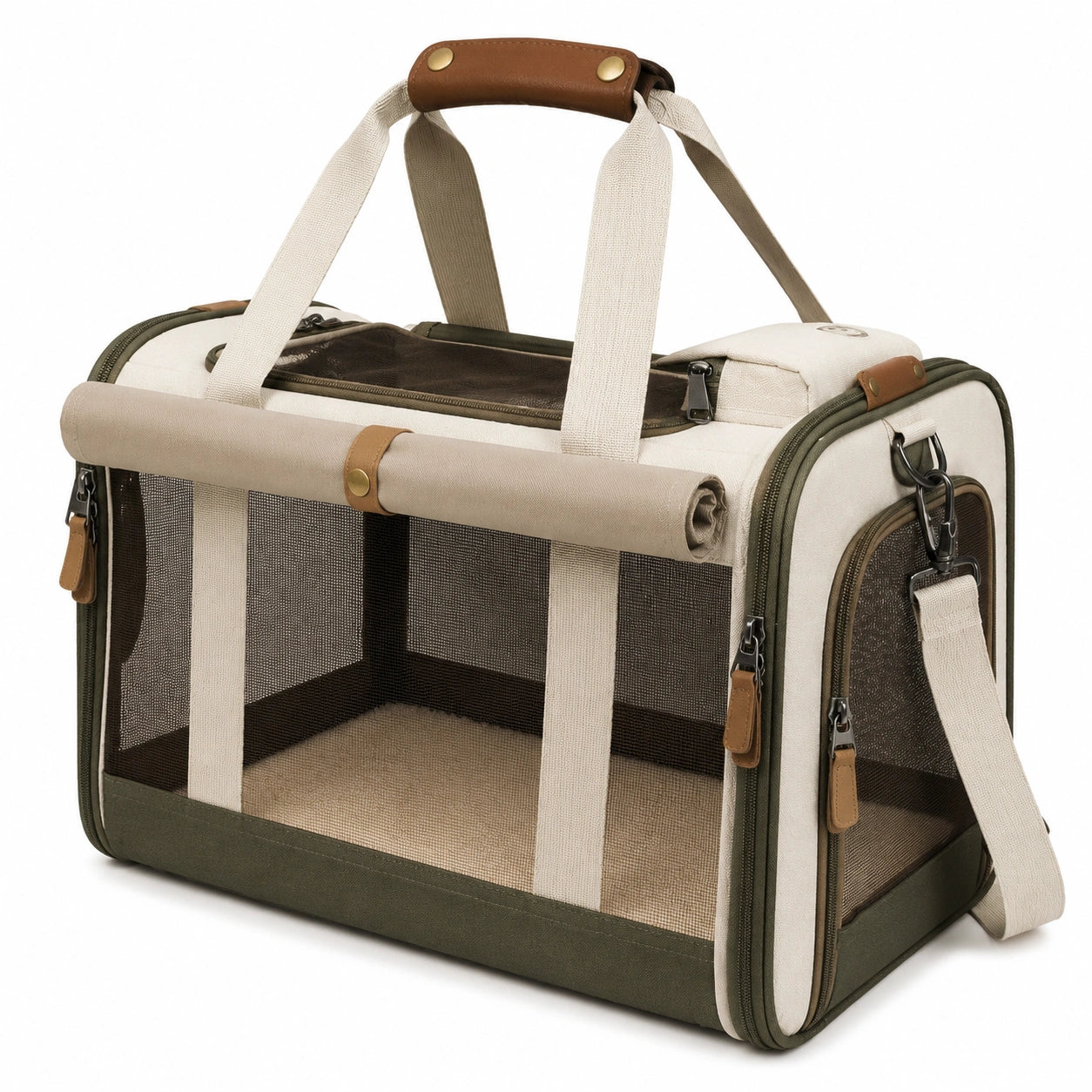 Haustier-Transporttasche 45 x 30 x 30 cm aus Textil in Beige Grün mit Netzfenstern