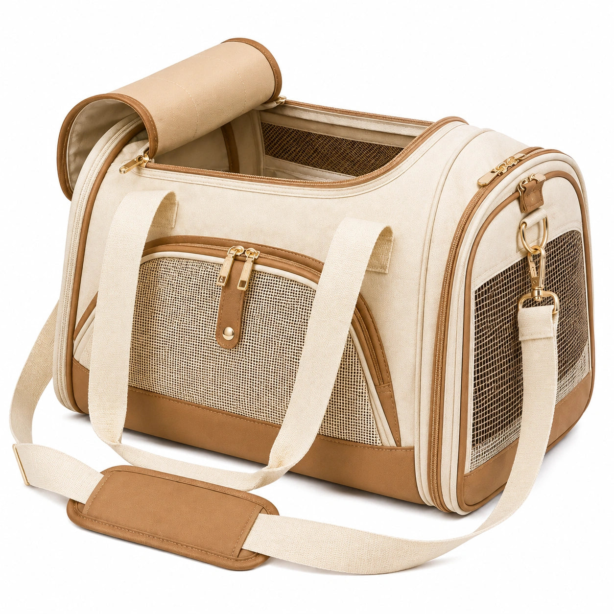 Haustier-Transporttasche 45 cm x 28 cm x 30 cm Beige Braun aus Textilgewebe mit Netzfenstern für Reisen