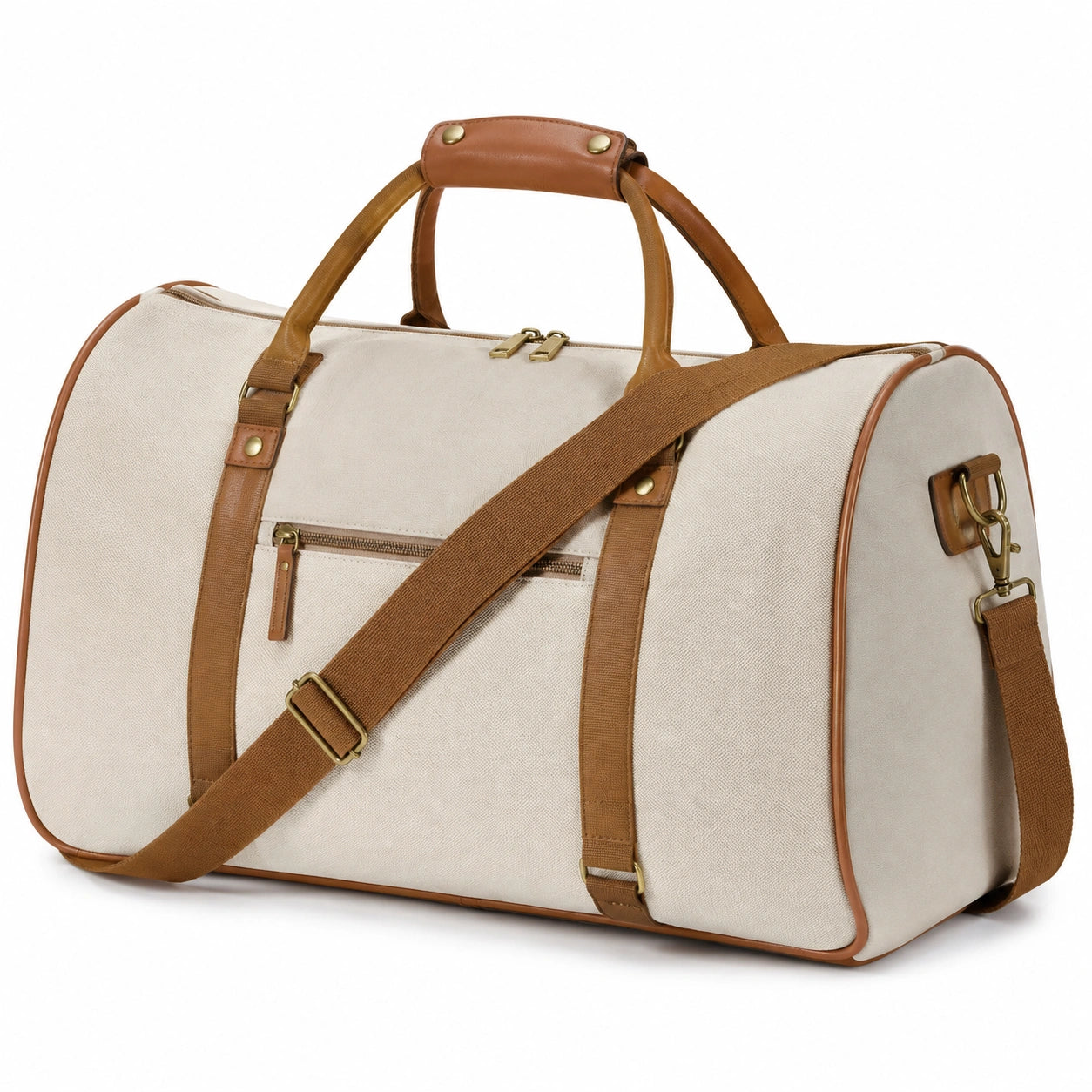Reisetasche 50 x 25 x 30 cm aus Textil Beige Braun mit Schultergurt im Vintage-Stil