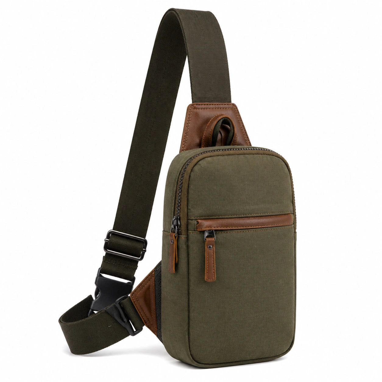 Umhängetasche 18 x 8 x 32 cm Olivgrün Textil mit Kunstlederbesatz kompakt für den Alltag