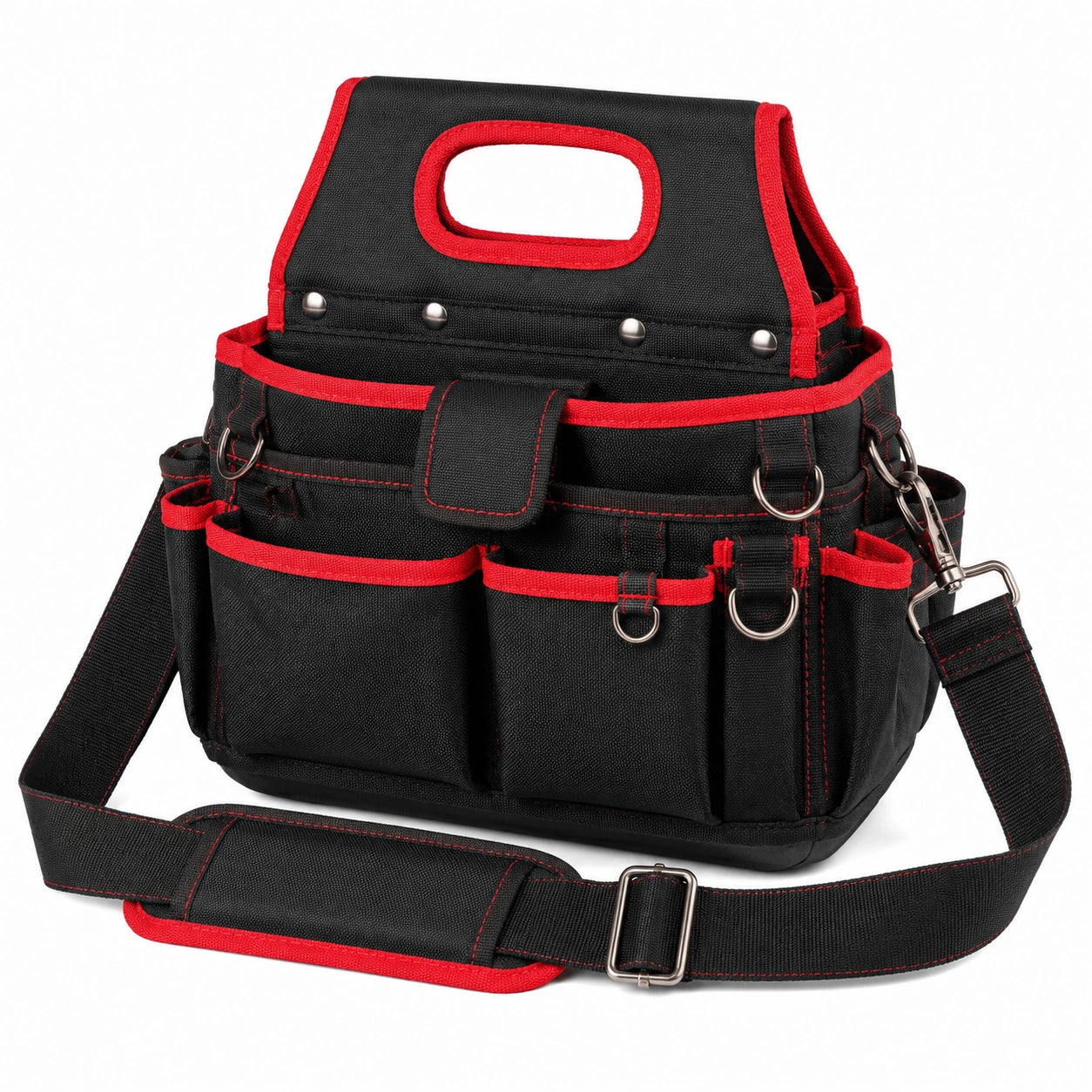 Werkzeugtasche 33 x 20 x 27 cm aus Synthetikgewebe Schwarz Rot mit Schultergurt