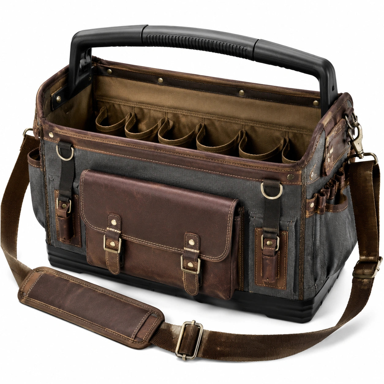 Werkzeugtasche 45 x 25 x 30 cm aus Canvas und Kunstleder Braun Grau mit Schultergurt