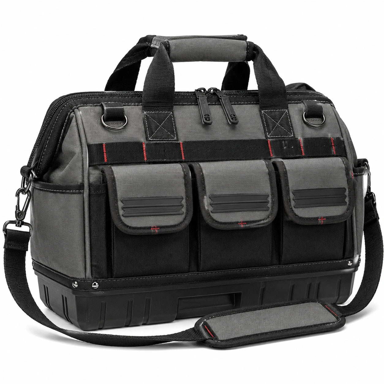 Werkzeugtasche 43 x 24 x 30 cm aus Textilgewebe grau schwarz mit Hartboden und Schultergurt