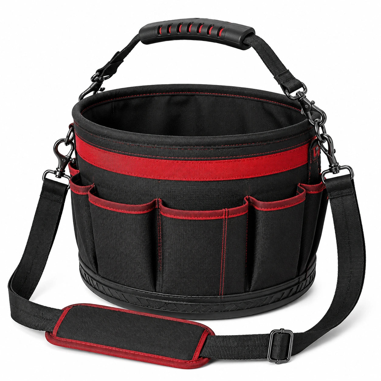 Werkzeugtasche 30 x 25 cm aus Textilgewebe Schwarz Rot mit Schultergurt und Außenfächern